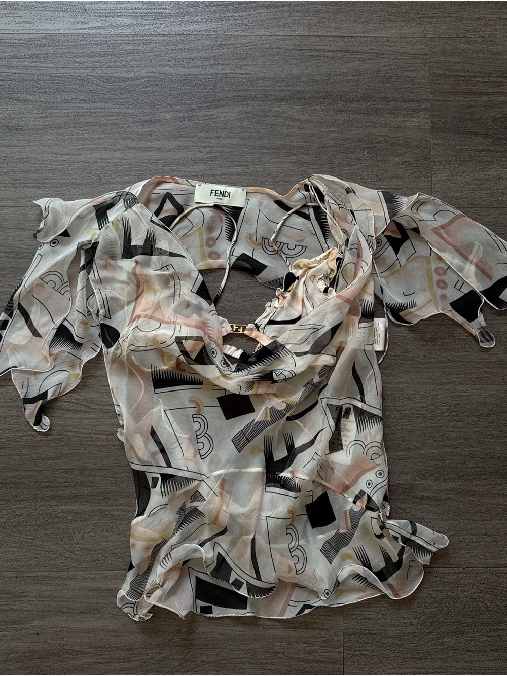 Fendi Sheer Abstract Print Silk Blouse in Black, White & Blush
